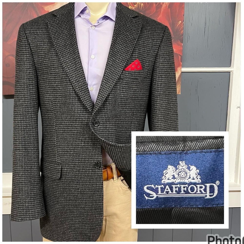 Vintage Stafford Blazer Sport Coat Mens 42L Long Wool Camel Blend‎ Flannel Gray